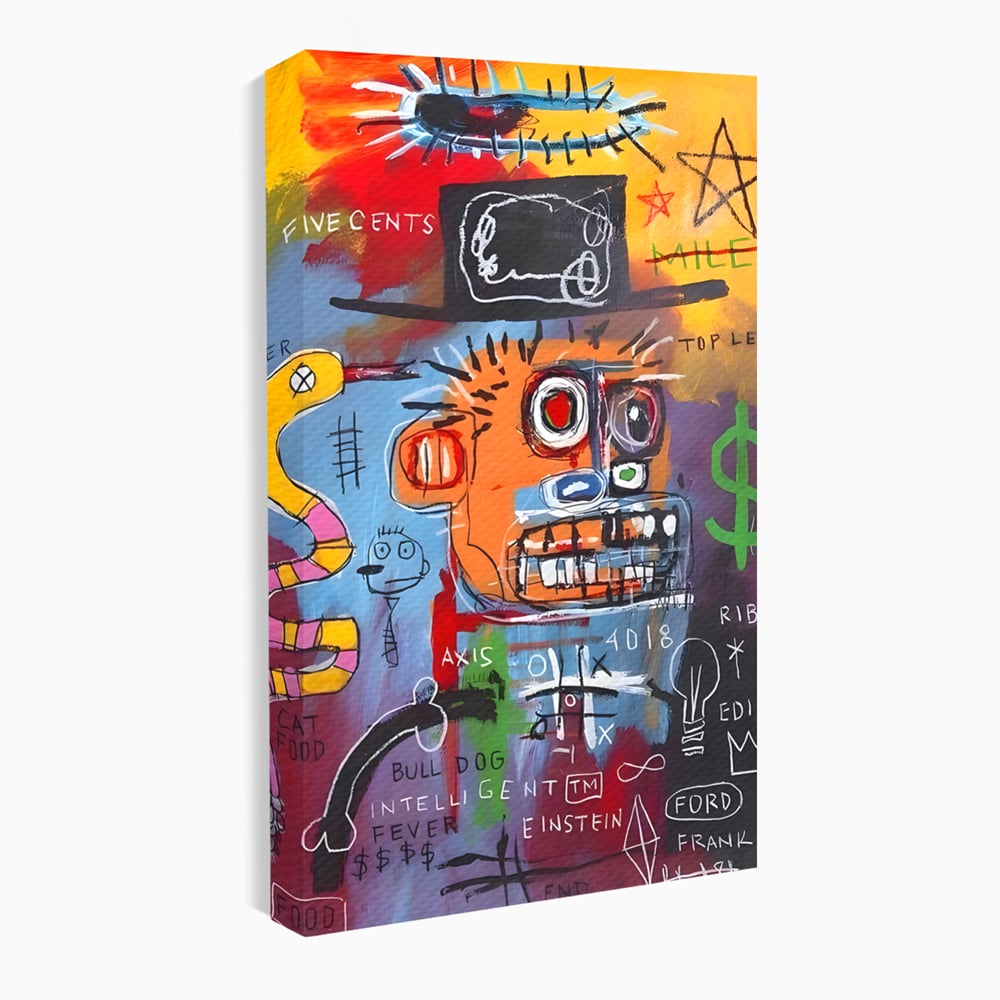 Tablou canvas cu tablou abstract cu portret si inscriptii, fara rama, pe sasiu de lemn